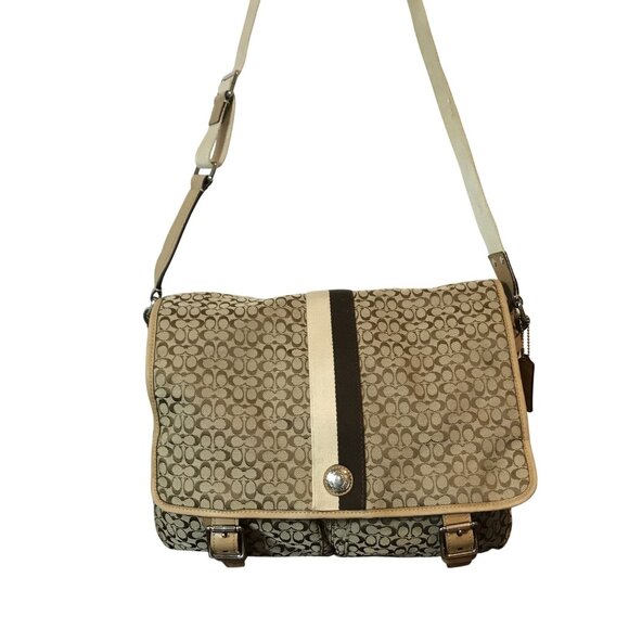 Coach mMessenger Bag  Textile Monogram Crossbody Strap Tan Logo - Picture 1 of 16